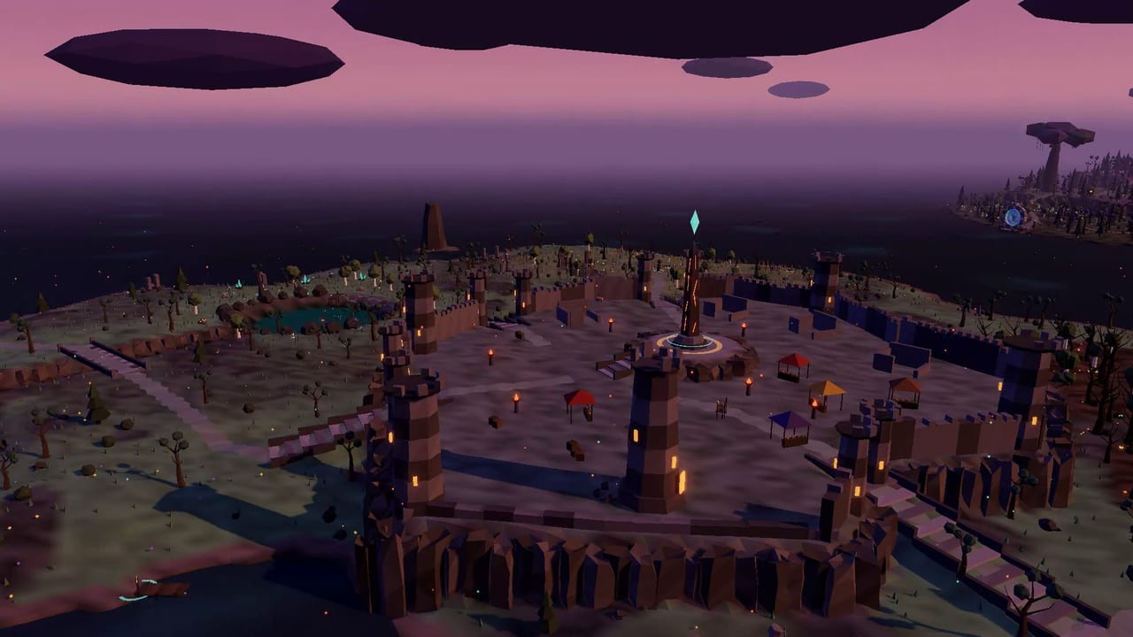 Cinderhold from above: the walled citadel and the Emberheart Obelisk