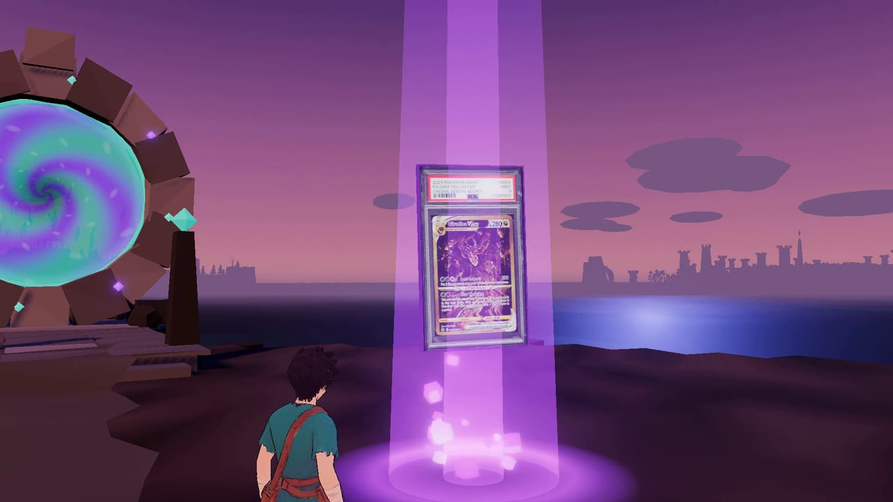 A won slab rising out of the beaten Obsidian Wyrm in its Epic beam: a real PSA 9 Giratina VSTAR